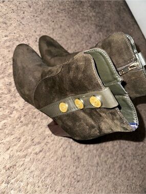 Tommy Hilfiger Olive Green Suede Ankle Booties with Gold Buttons